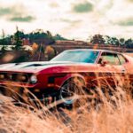 Mustang Auto - red and black muscle car on brown field during daytime