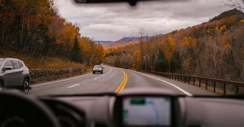 Mustang Track Days - Car riding on highway through autumn forest