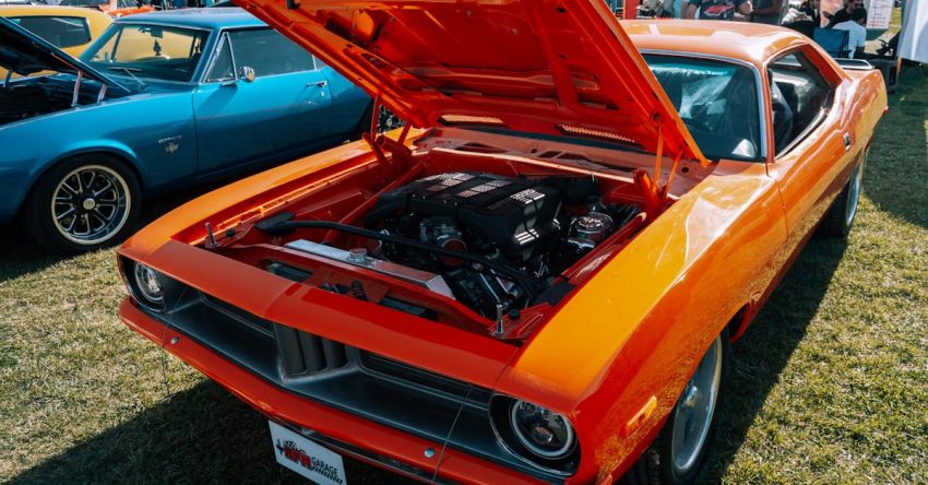 Mustang Engine Tuning - First Generation Ford Mustang Mach 1 with Open Hood Exhibited at a Car Show